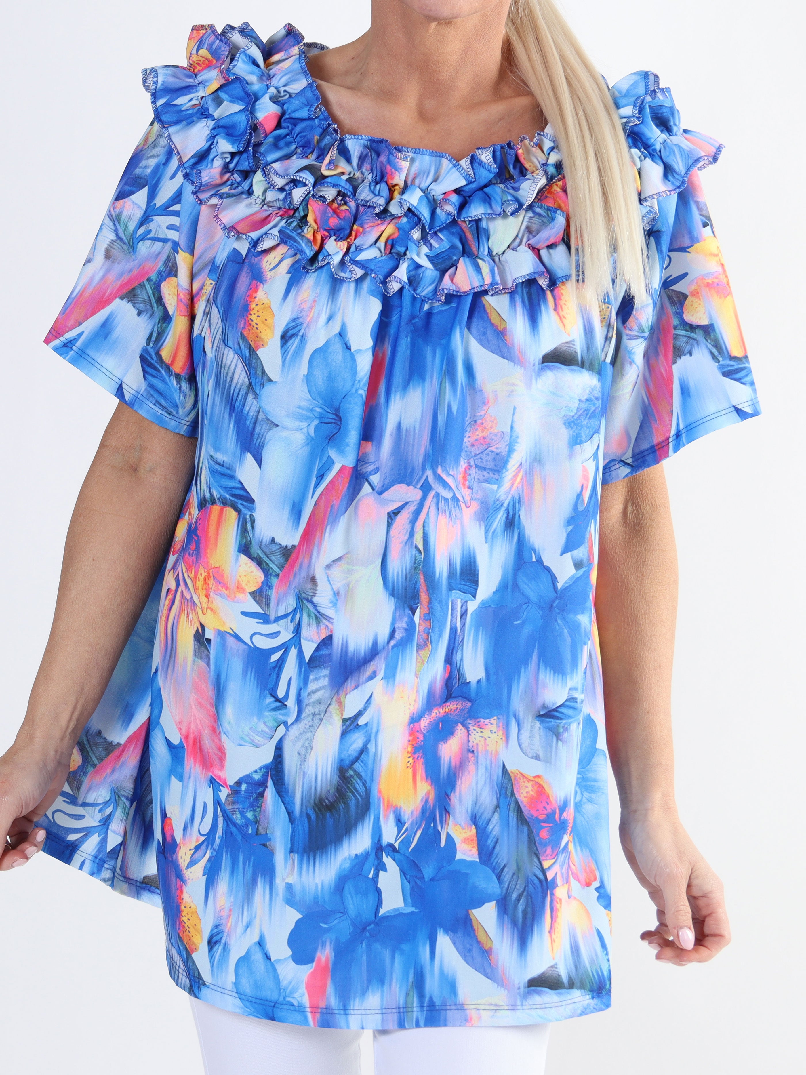 Chili Sleeveless Hawaii - Blomstret plus size tunika med flæser